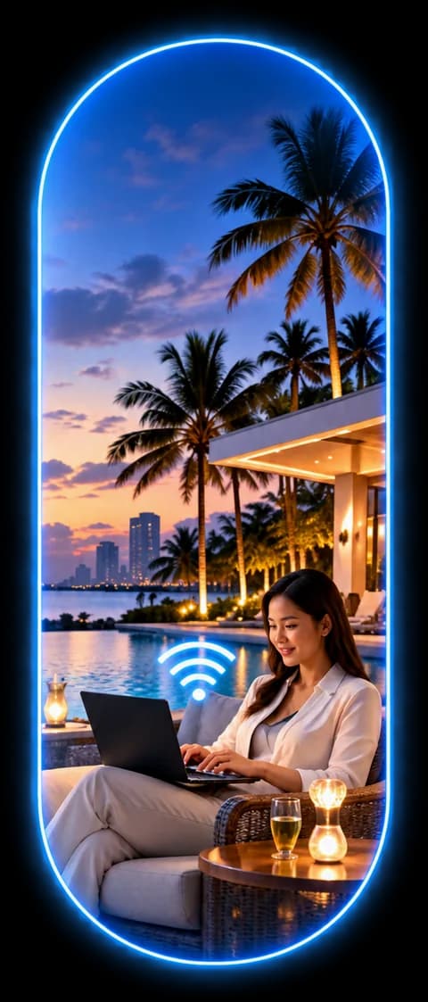 Tamu bekerja dengan laptop di area resor