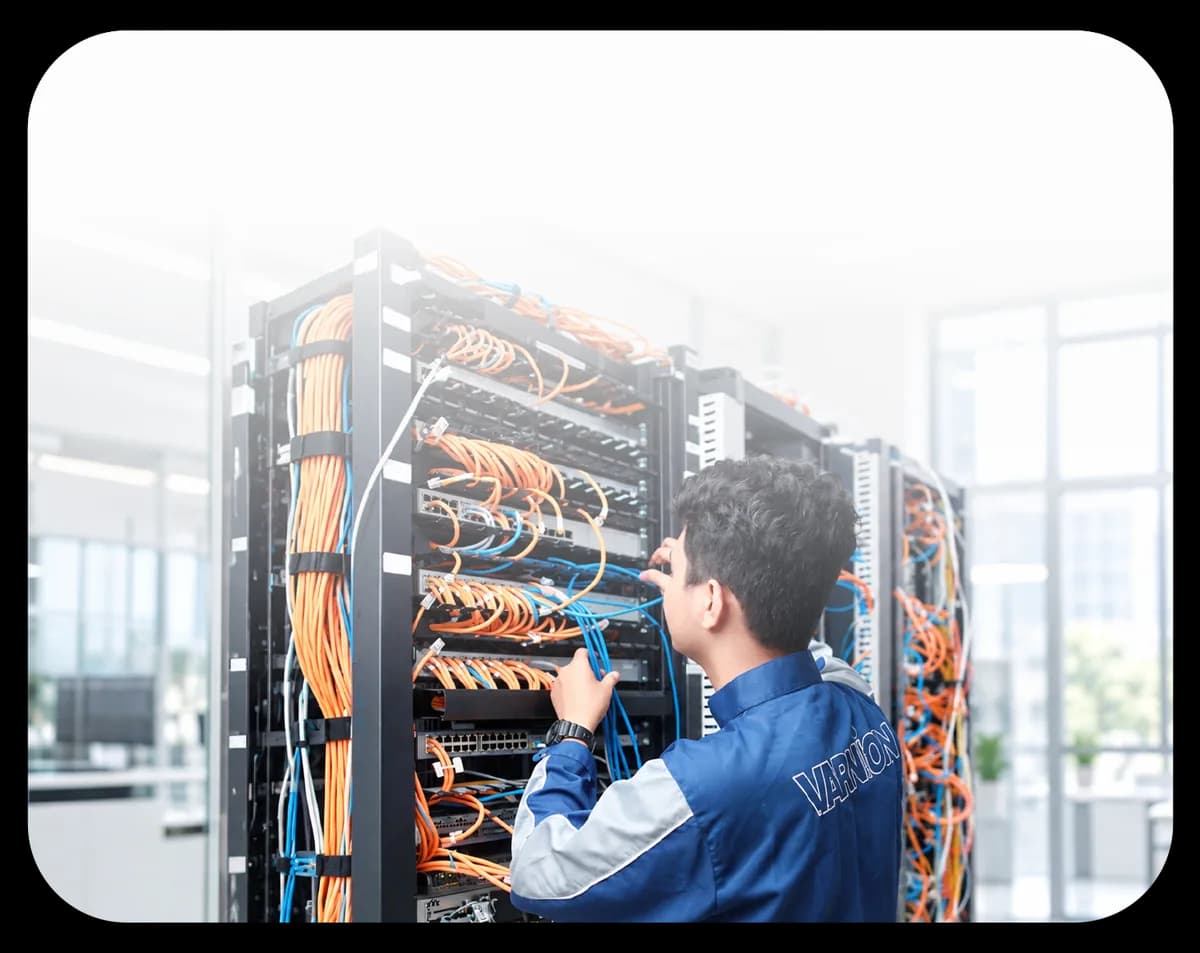 Teknisi Varnion merapikan kabel di rak server